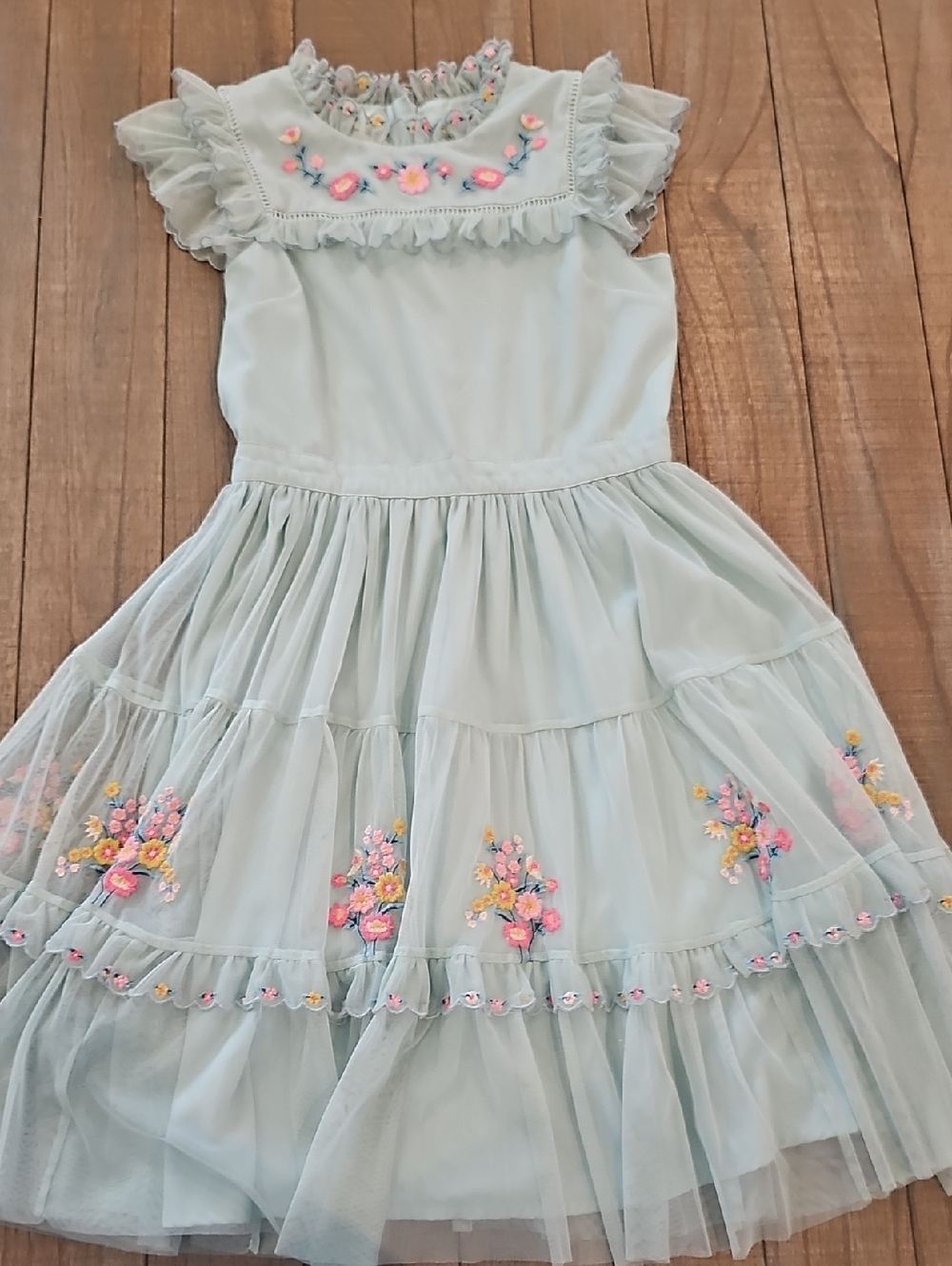 Monsoon Pale Blue Tulle Dress with Pink & Yellow Floral Embroidery